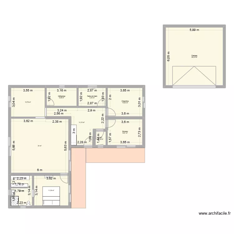 Plan maison en L 108m2. Plan de 11 et 147 m² Plan maison en L 108m2. Plan de 11 et 147 m²