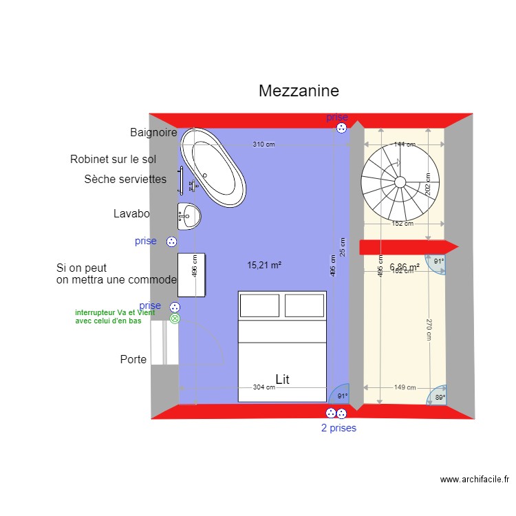 Mezzanine. Plan de 2 pièces et 22 m2