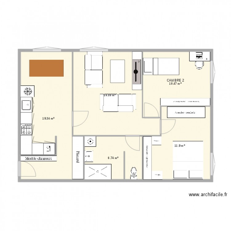 Appartement Sans Couloir Plan 5 Pieces 65 M2 Dessine Par Florentjuguet