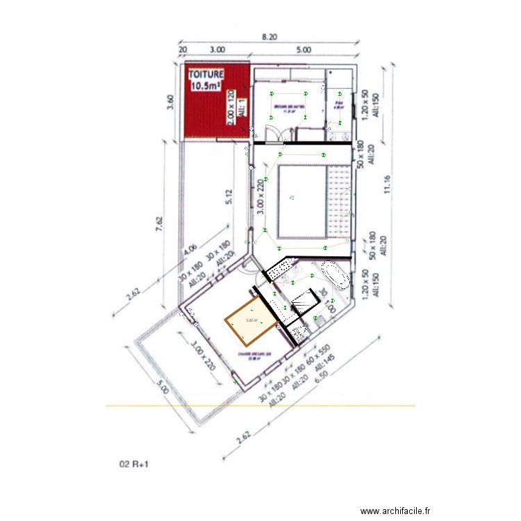 etage den . Plan de 1 pièce et 3 m2