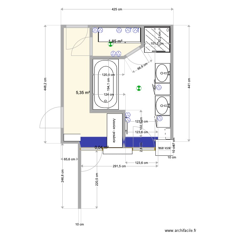 Salle de bain2. Plan de 3 pièces et 7 m2