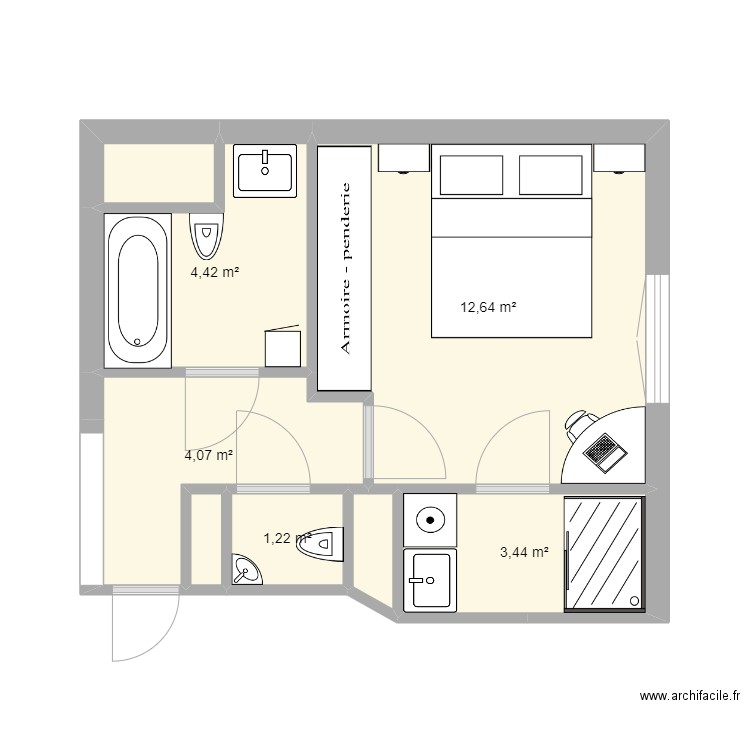 Chambre parents. Plan de 8 pièces et 27 m2