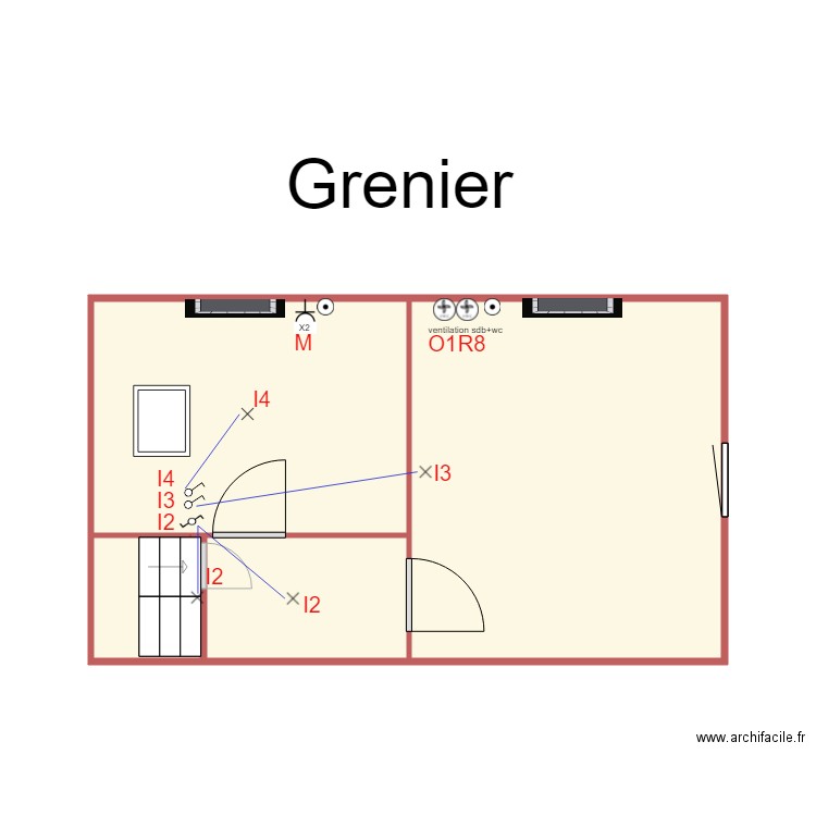 Electricité grenier. Plan de 4 pièces et 27 m2