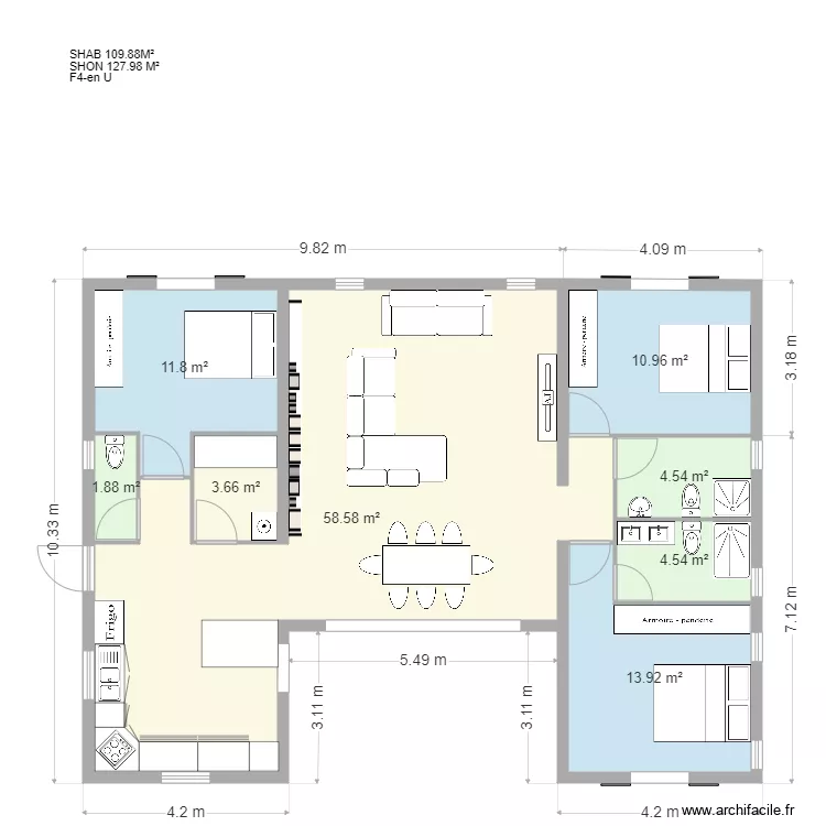 PLAN en U F4  du 28 aout 2020 SHON 127 93M2. Plan de 