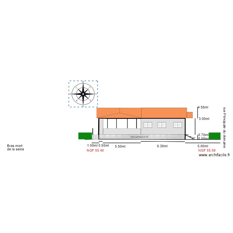 Facade EST  chalet 90. Plan de 2 pièces et 51 m2