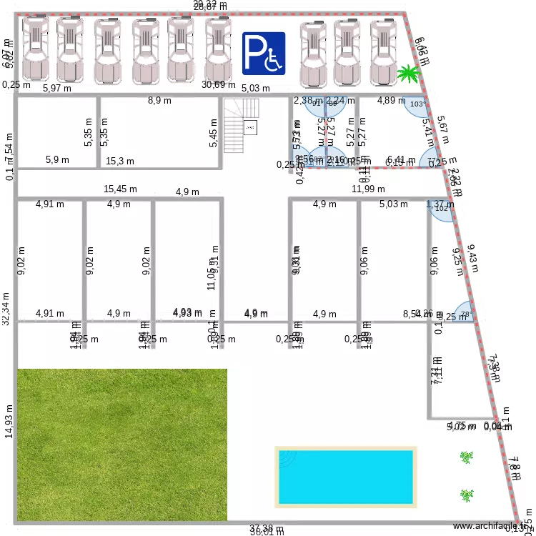 badamier. Plan de 9  et 300 m²