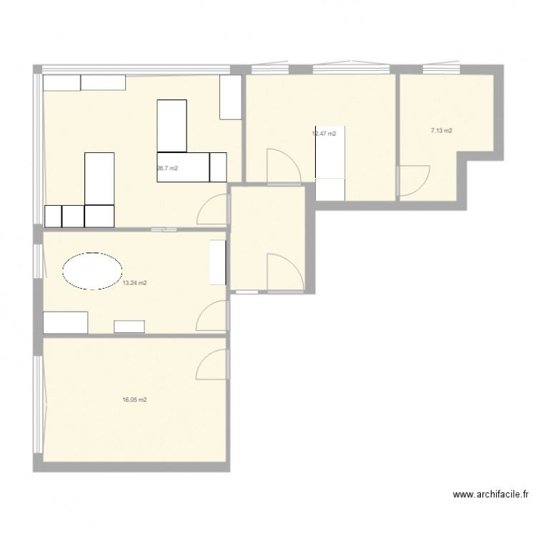 Plan config actuelle meublé. Plan de 5 pièces et 76 m2