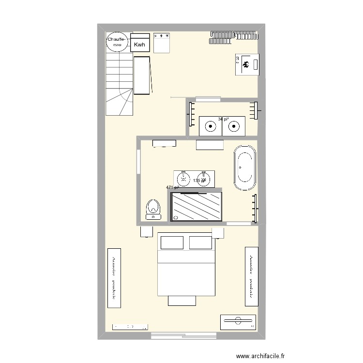 Sous sol chalet . Plan de 3 pièces et 59 m2