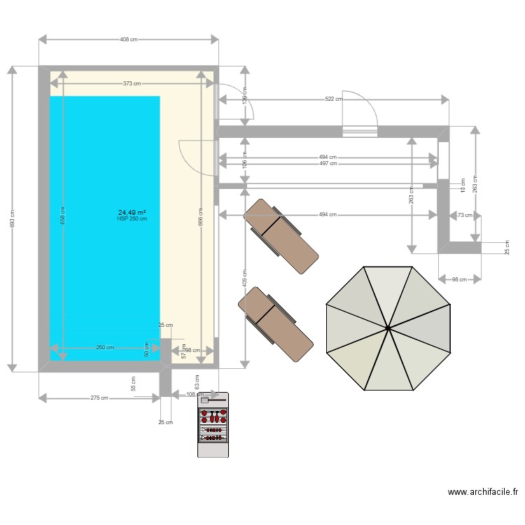 pommier piscine cour de ferme. Plan de 1 pièce et 24 m2