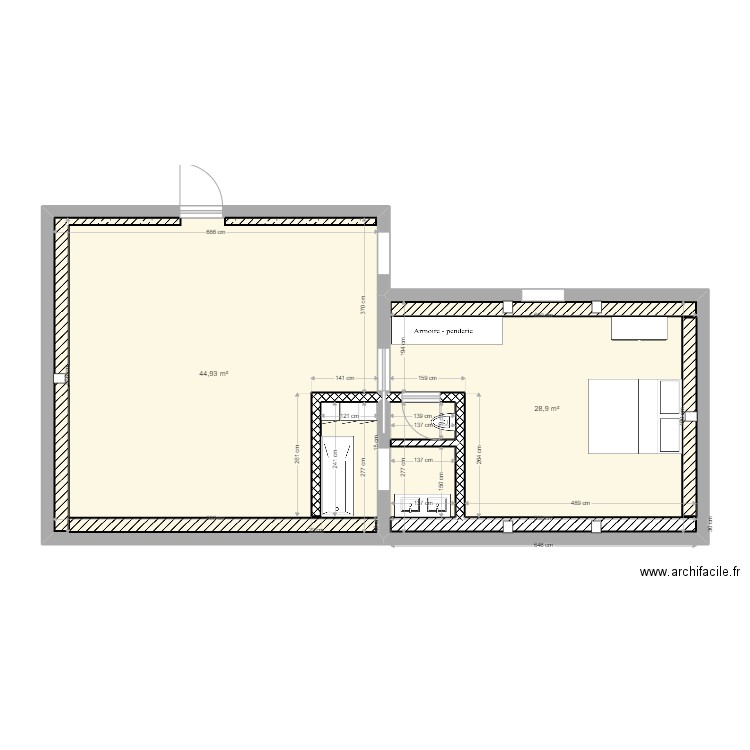 Vezin Salon chambre 2. Plan de 2 pièces et 74 m2
