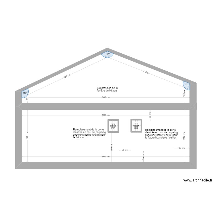 Façade 2 RDJ Chapelle Avant. Plan de 4 pièces et 42 m2