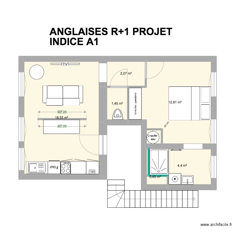 ANGLAISES R+1 EXISTANT. Plan de 6 pièces et 40 m2