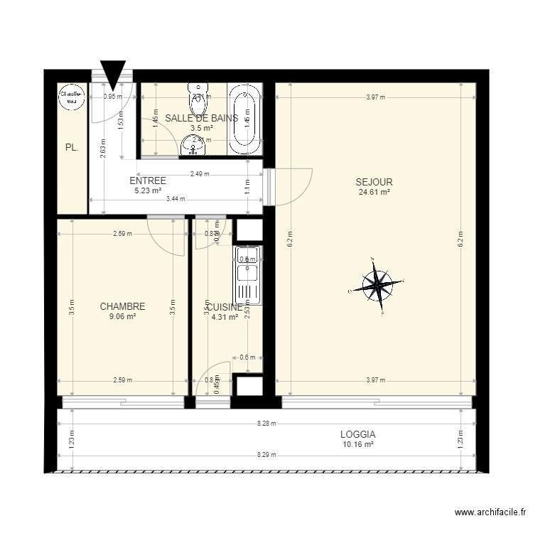 T2 Port. Plan de 9 pièces et 59 m2