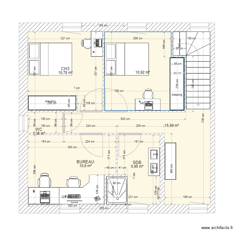 etage 2. Plan de 6 pièces et 55 m2