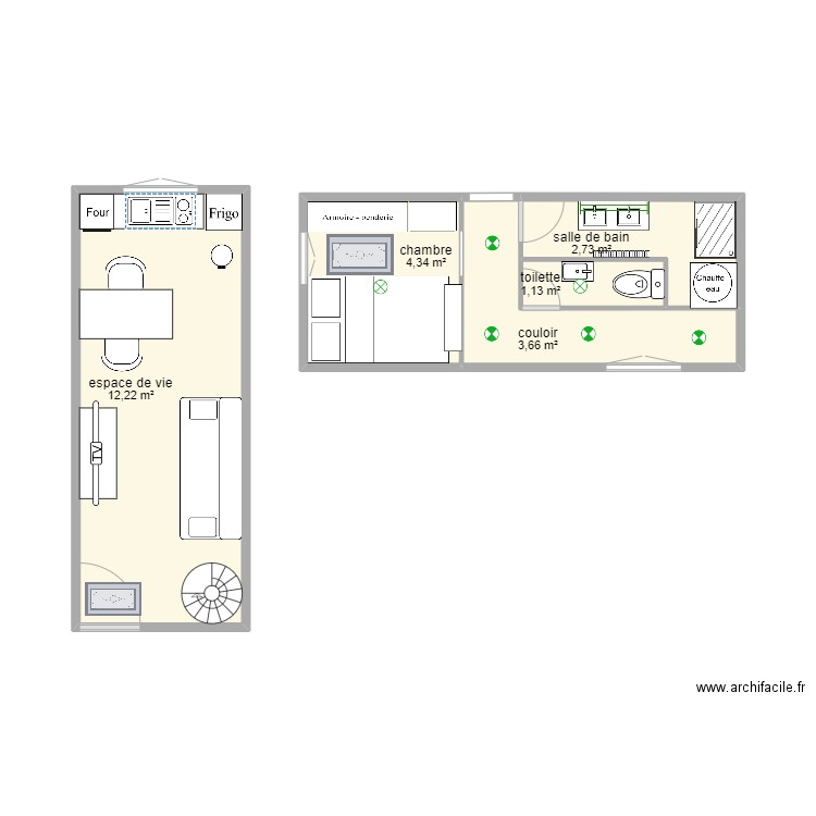 container. Plan de 5 pièces et 24 m2