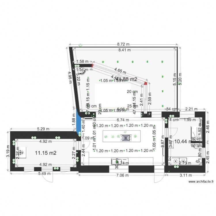 Cuisine Villers et véranda. Plan de 3 pièces et 63 m2