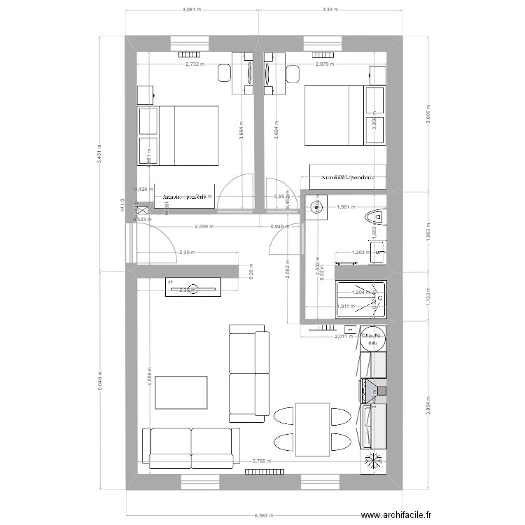 Algrange F3 avec meubles final 21.02.2023. Plan de 3 pièces et 54 m2