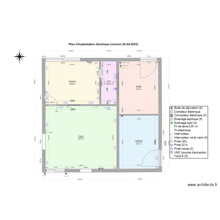 Plan implantation électrique 05 04 2023. Plan de 5 pièces et 82 m2