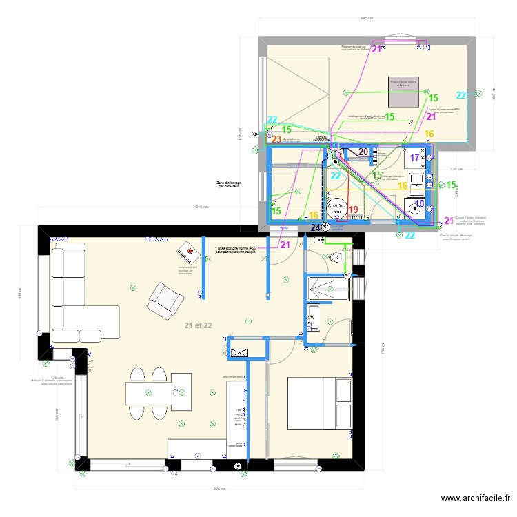 Réseau électrique Buanderie Garage Circuit 15 à 26. Plan de 14 pièces et 178 m2