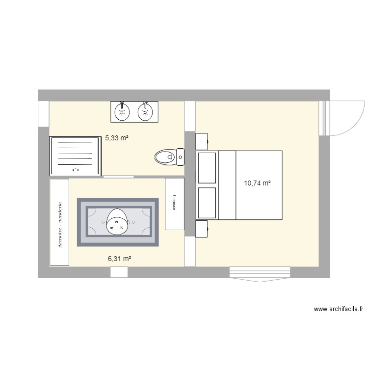 SUITE PARENTALE. Plan de 3 pièces et 22 m2