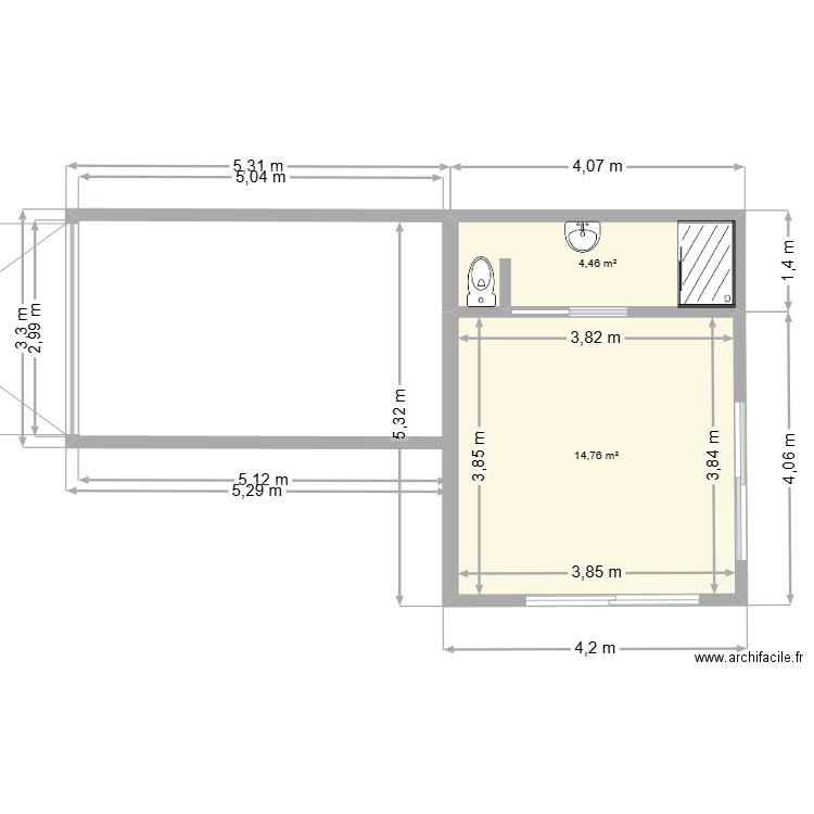 dependance. Plan de 2 pièces et 19 m2