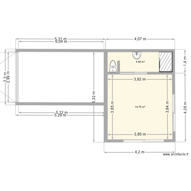 dependance. Plan de 2 pièces et 36 m2