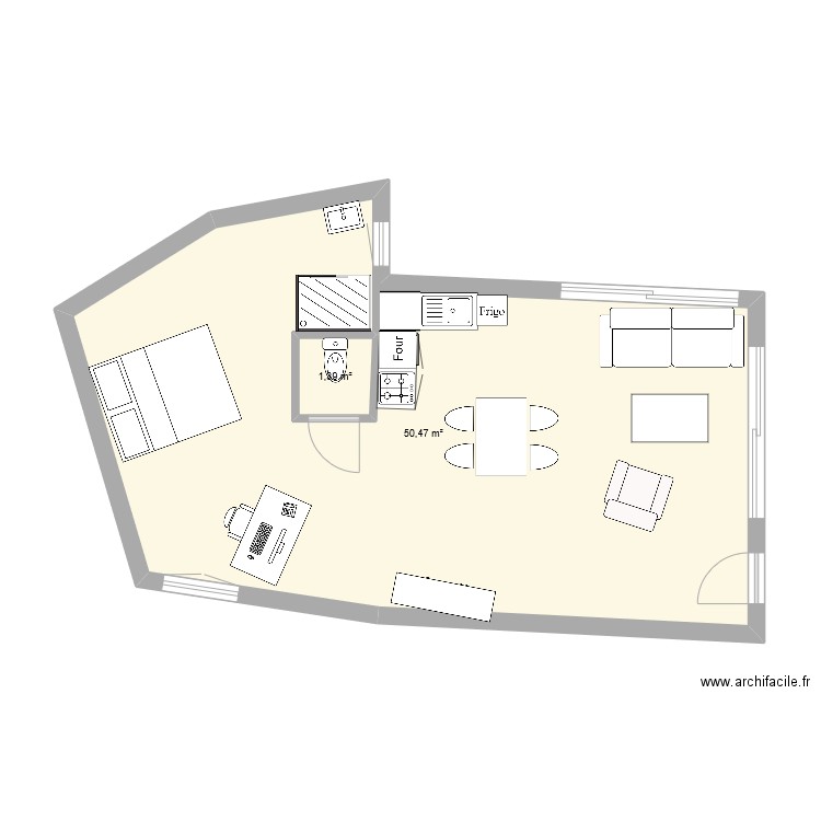 grange. Plan de 2 pièces et 54 m2