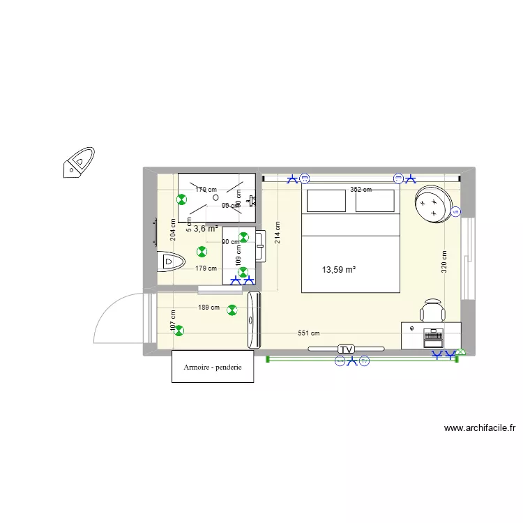 Chambre r&eacute;nov&eacute;e. Plan de 