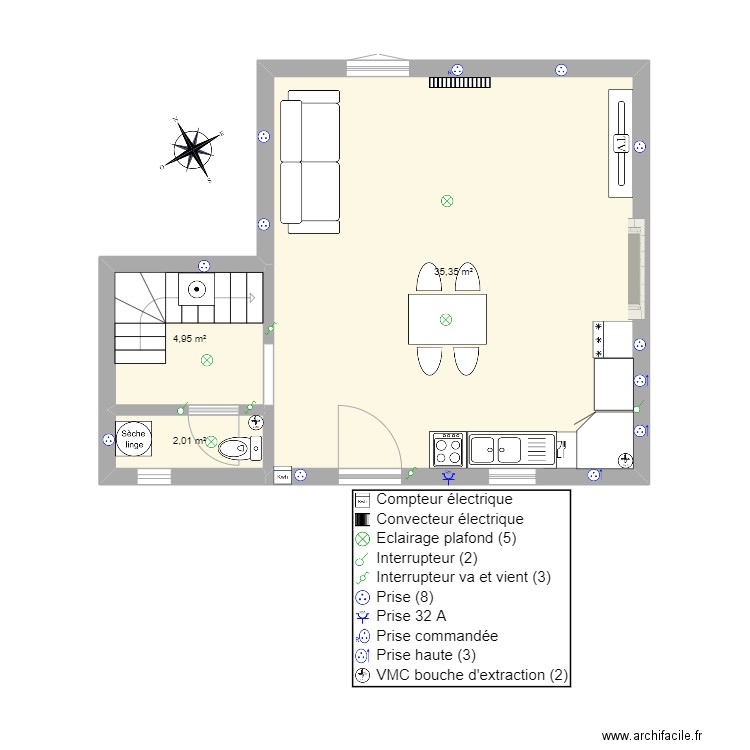 RDC la tourlandry meublé. Plan de 3 pièces et 42 m2