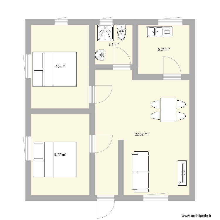 Appartement type coyah. Plan de 5 pièces et 51 m2