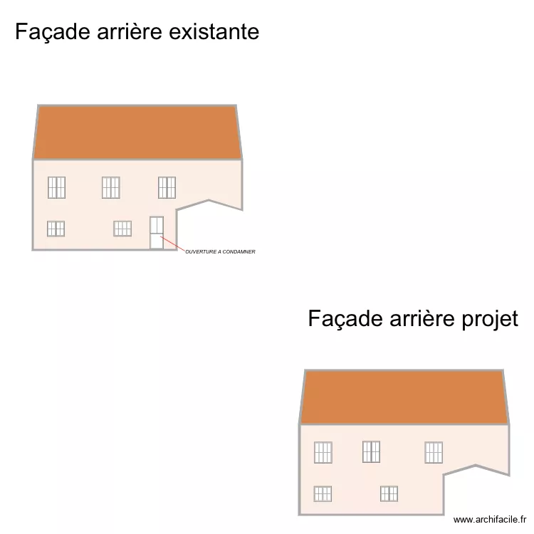 Fa&ccedil;ade existante avant apr&egrave;s Projet. Plan de 