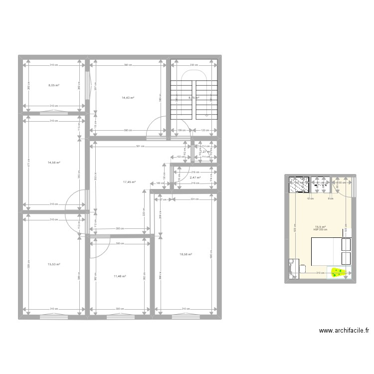 1 ERE ETAGE. Plan de 11 pièces et 128 m2