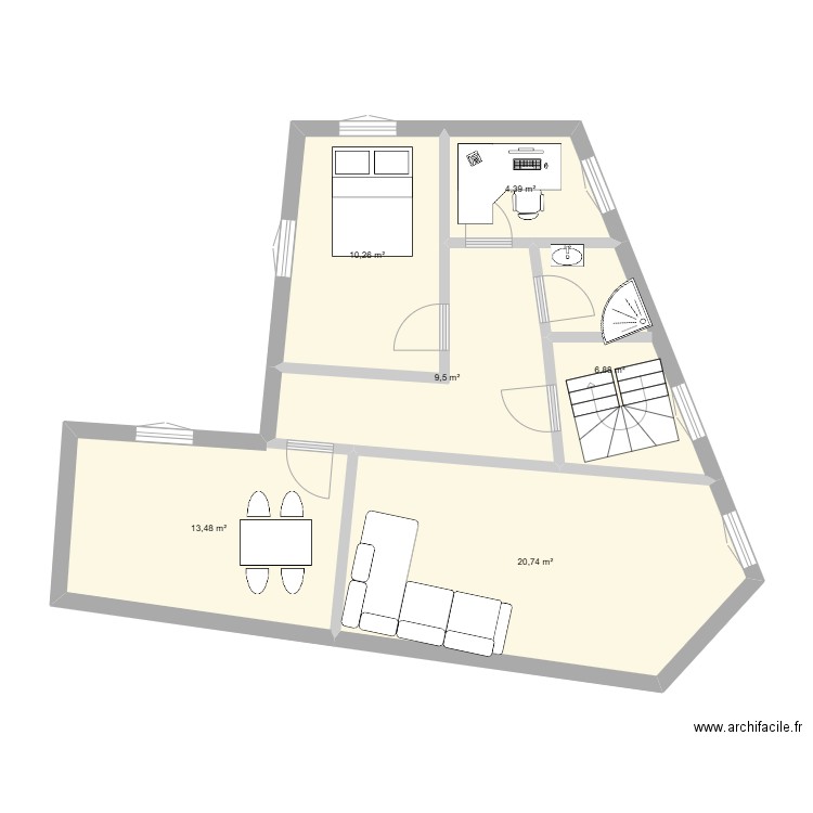 appart. Plan de 6 pièces et 65 m2