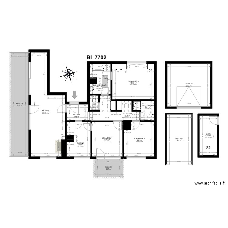 BI 7702. Plan de 23 pièces et 154 m2