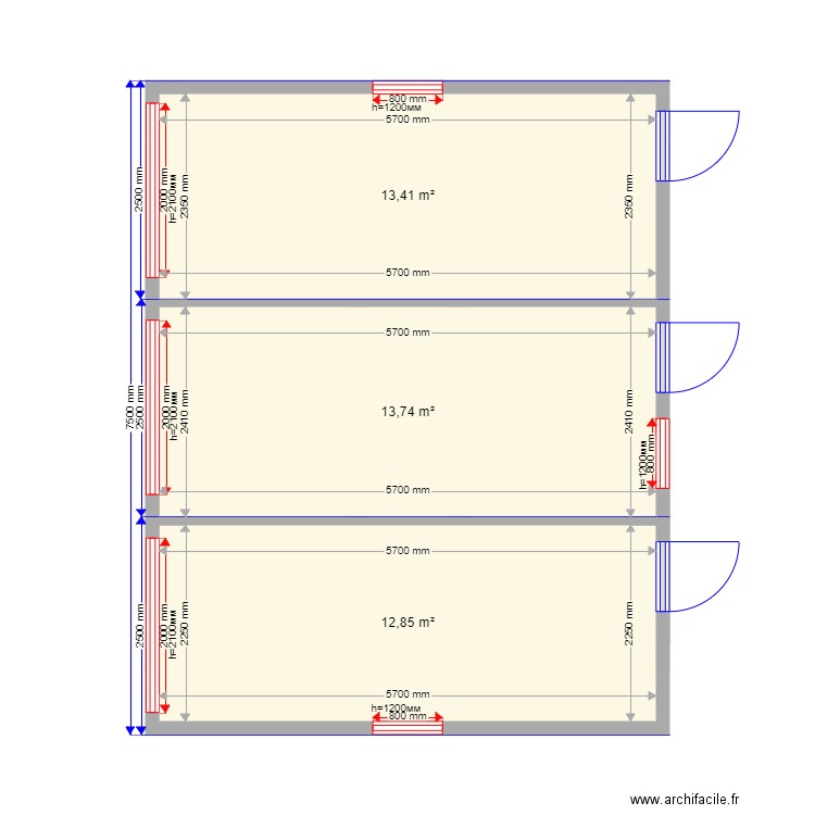 bur. Plan de 5 pièces et 65 m2