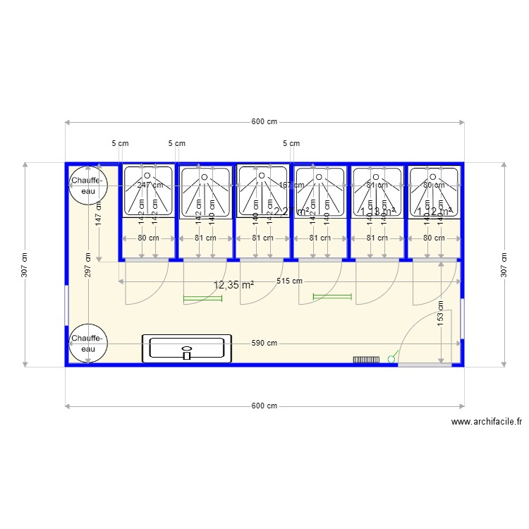 Plan 6 douches. Plan de 4 pièces et 17 m2