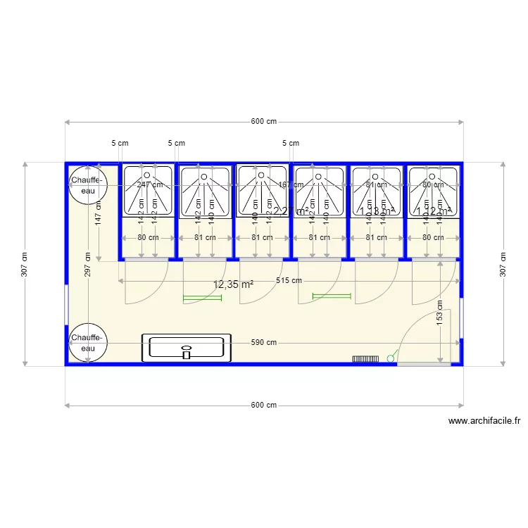 Plan 6 douches. Plan de 