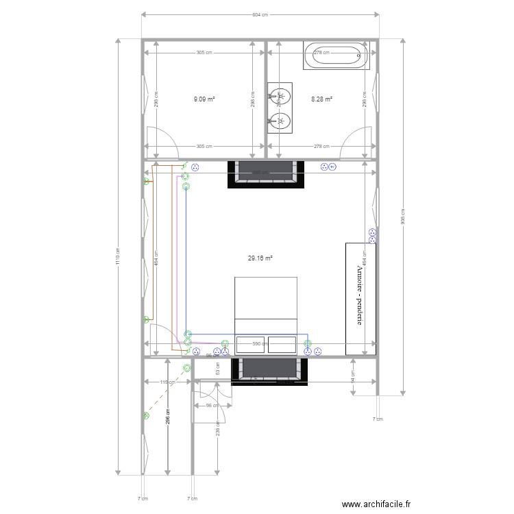 Réamenagement de la chambre 1er étage du fond. Plan de 3 pièces et 47 m2