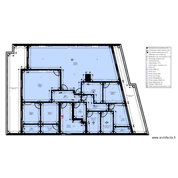 92V22C Electricité. Plan de 18 pièces et 211 m2