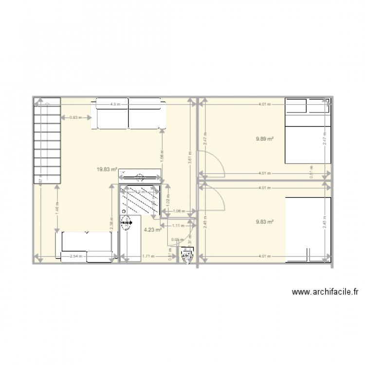 comble 1 s. Plan de 4 pièces et 44 m2