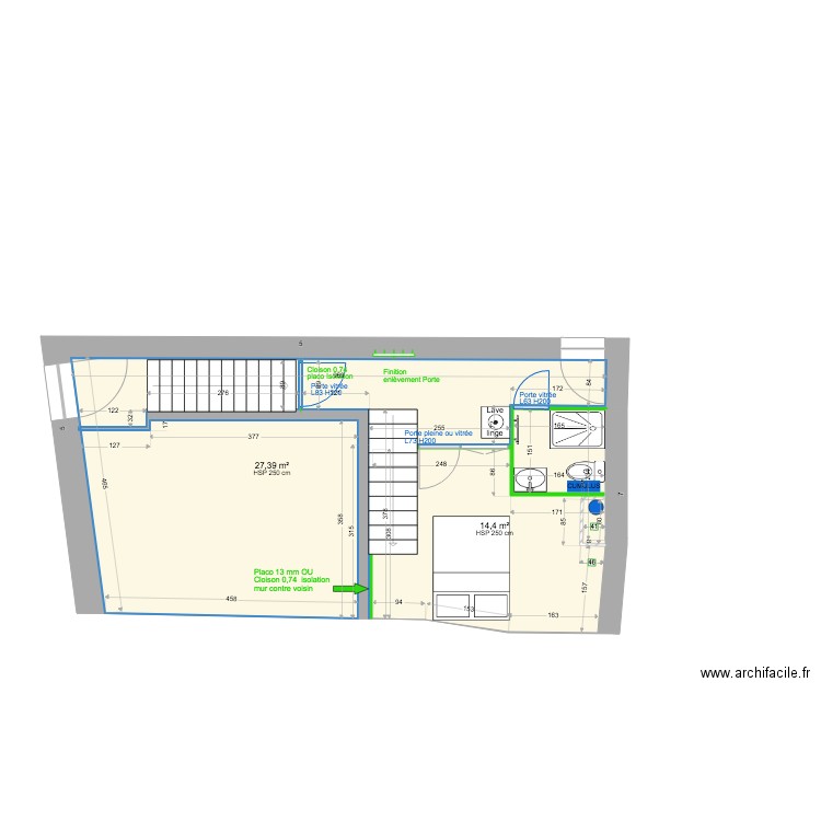 1ÉTAGE MODIF CLOISON MENUISERIE CH 3 SDB. Plan de 2 pièces et 42 m2