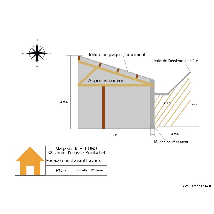 PC 5 Plan Façade ouest Avant travaux. Plan de 1 pièce et 20 m2