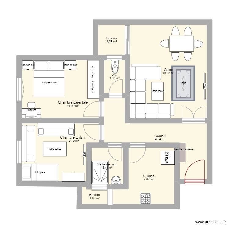 AADL F3. Plan de 9 pièces et 68 m2
