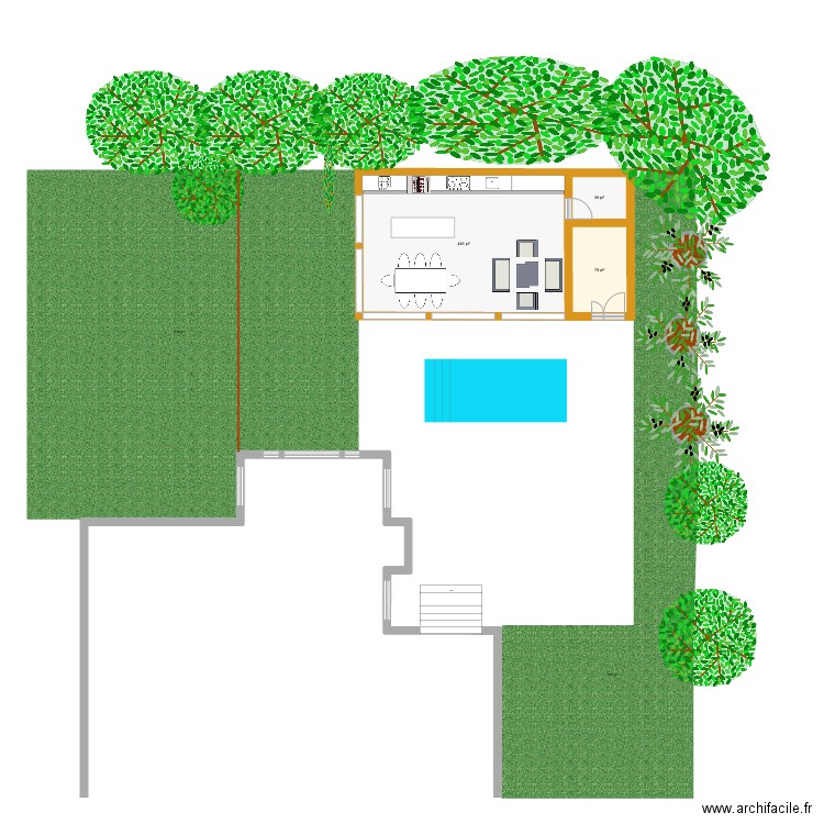 Extérieur_Pool_House_Long. Plan de 3 pièces et 52 m2