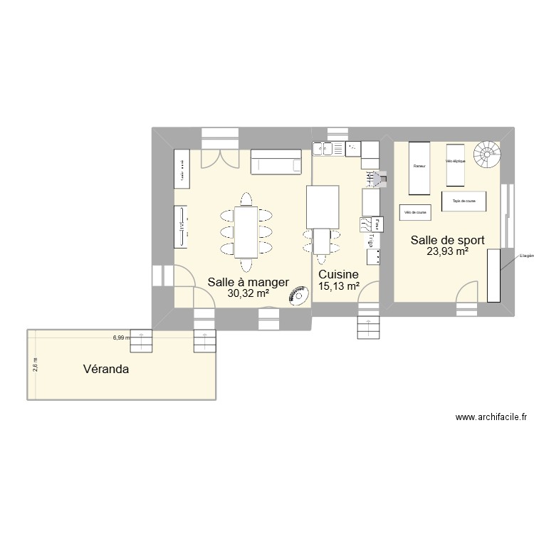 Cuisine salle à manger. Plan de 3 pièces et 69 m2