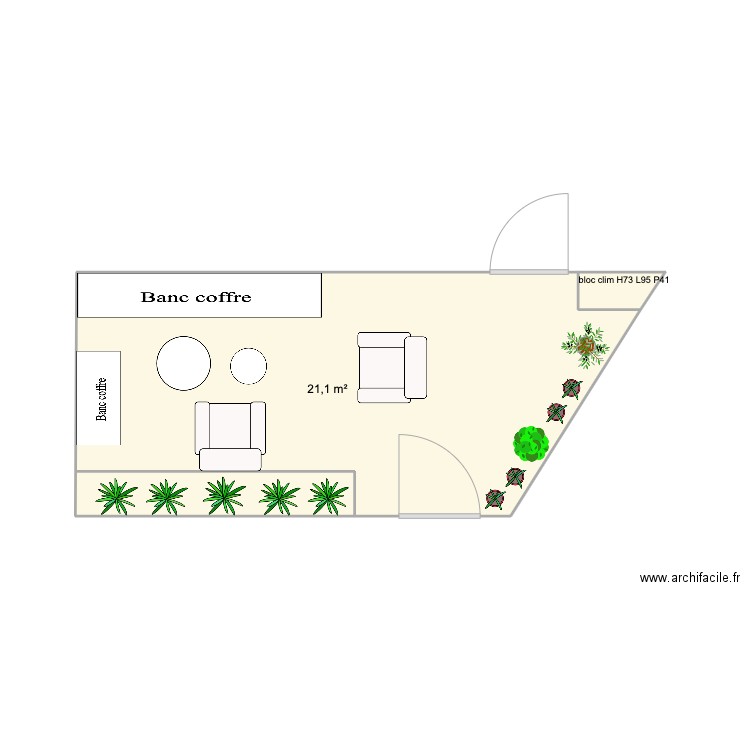 Terrasse avec clim coin D. Plan de 2 pièces et 22 m2