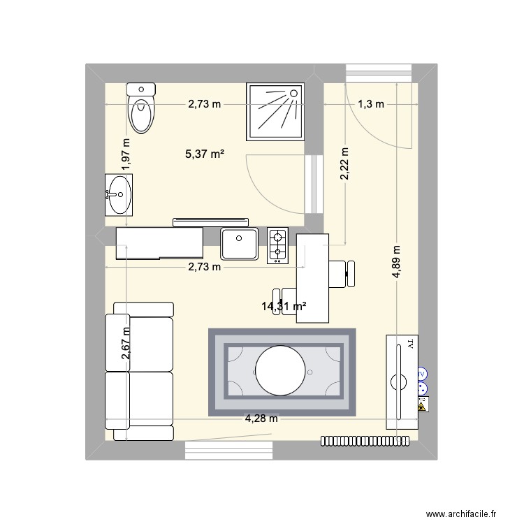 studio 20m2. Plan de 2 pièces et 20 m2