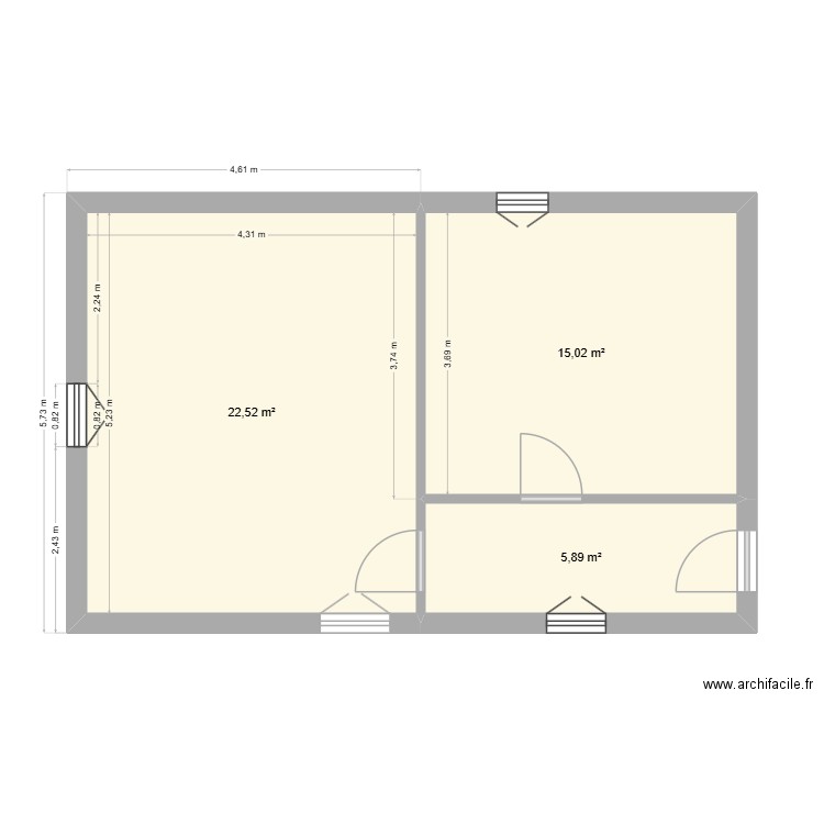 R+1 chambre 1 et 2. Plan de 3 pièces et 43 m2
