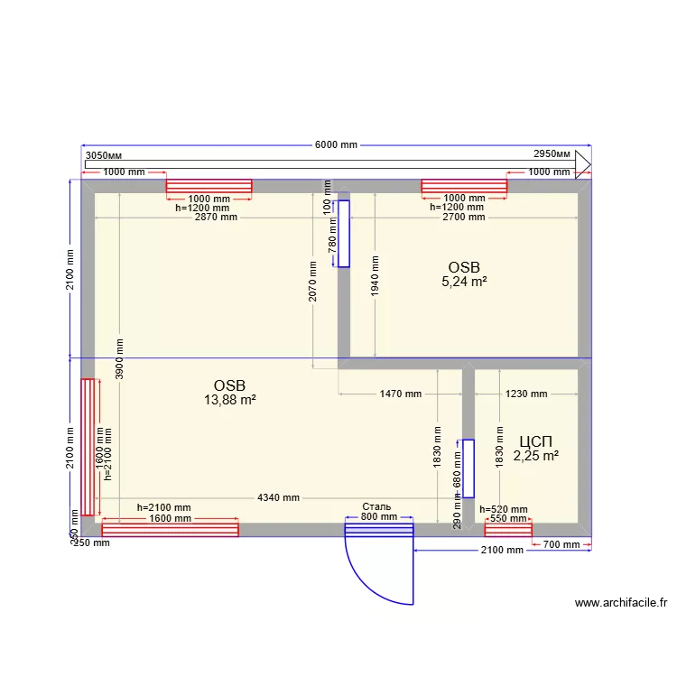6 на 4. Plan de 3  et 21 m²