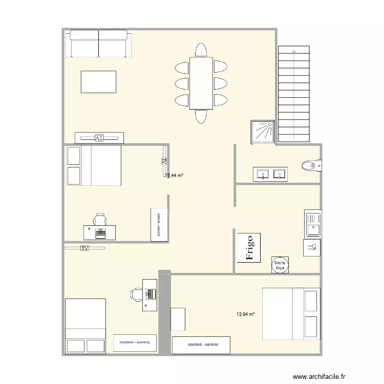 appart. Plan de 2 pièces et 89 m²